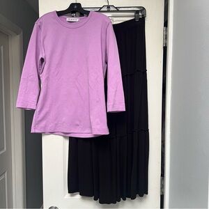 Outfit Set Purple Top 3/4 sleeve crewneck w/ Black tiered maxi skirt size Large